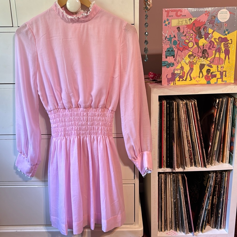 True Vintage 70’s Loveshackfancy Pink Romantic Mini Dress Lace Ballet Coquette S